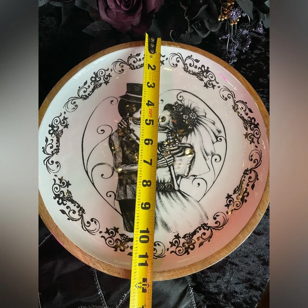 EUC Wooden Enamel Round Gothic Skeleton Bride And Groom Print Platter Pedestal